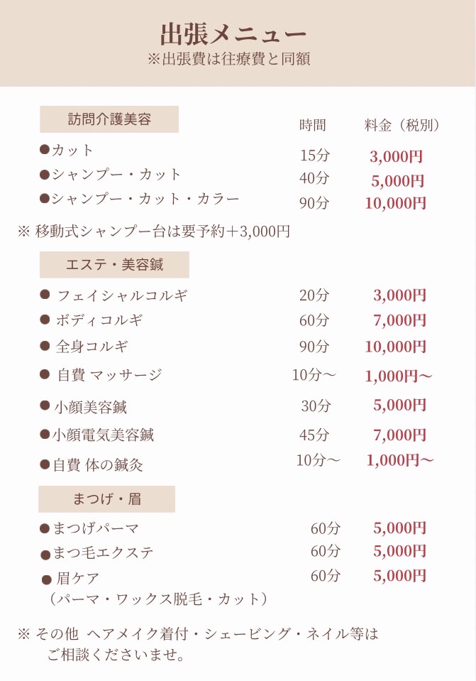 訪問美容の料金表